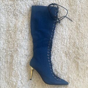 Chic Navy Lace-Up Heeled Boots